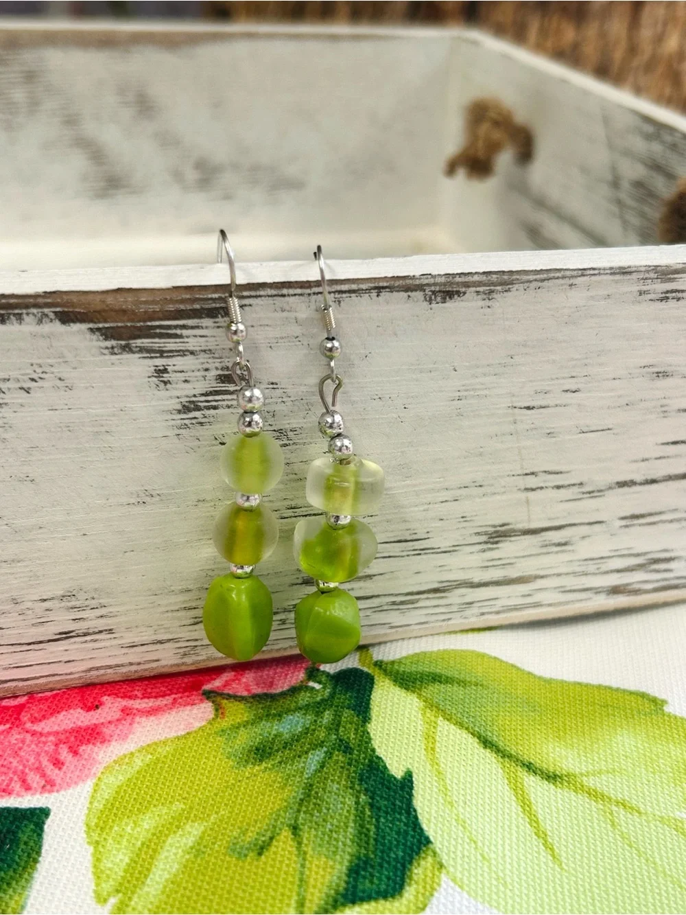Handmade Green Beaded Dangle Earrings Earthy Glass Jewelry